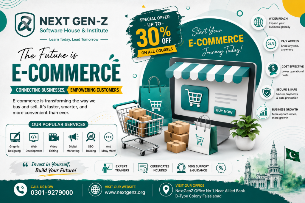 WooCommerce eCommerce store illustration with online shopping and digital business elements.