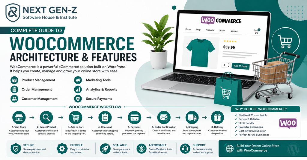 WooCommerce architecture and features complete guide infographic