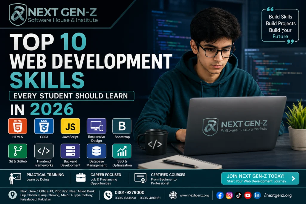 Student learning web development skills in 2026 including HTML, CSS, JavaScript, Git, responsive design, backend development, database management, and SEO at Next Gen Z Software House & Institute.