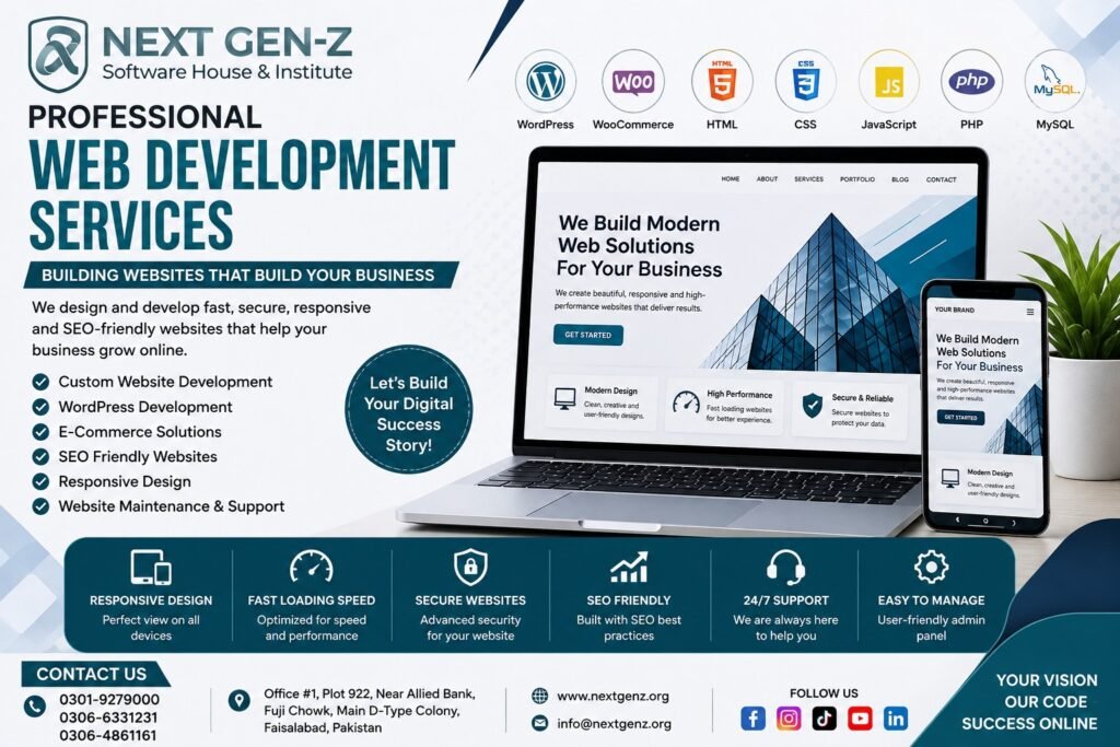 Professional web development services by Next Gen Z Software House offering responsive, secure, and SEO-friendly business websites.