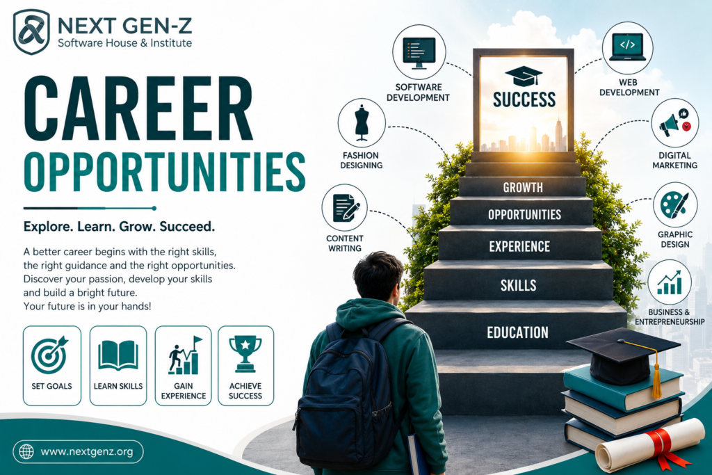 Career opportunities infographic showing education, skills, experience, growth and success