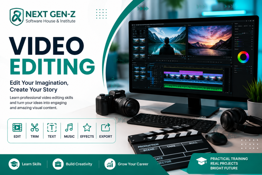 Video editing course banner with Next Gen-Z Software House & Institute logo and professional video editing workstation