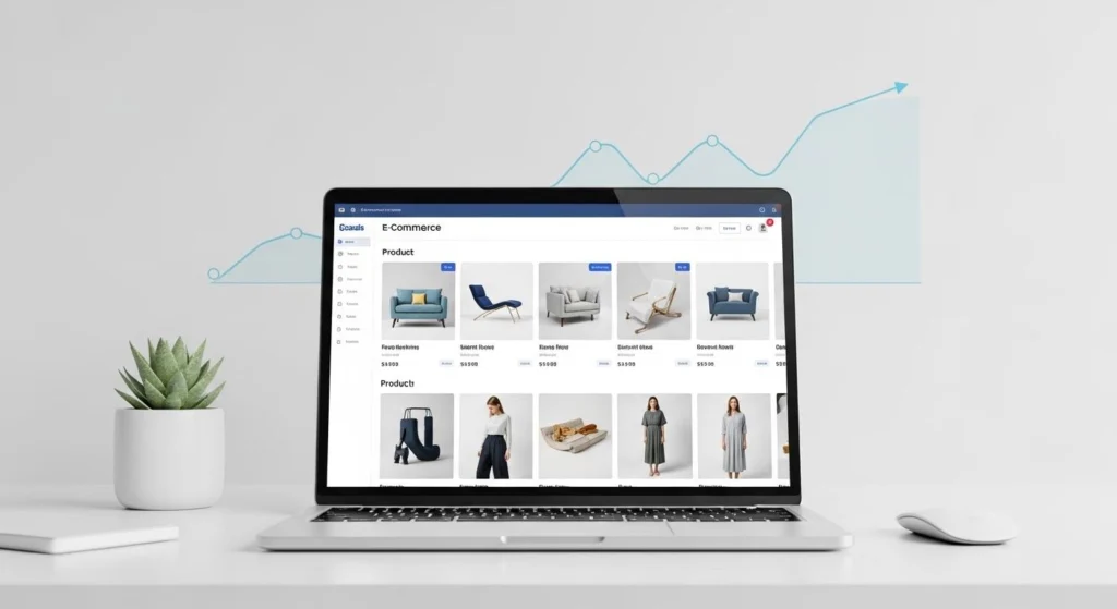 Professional illustration of an e-commerce online store with a laptop, smartphone, shopping cart, SEO analytics, and digital marketing elements representing common e-commerce mistakes.