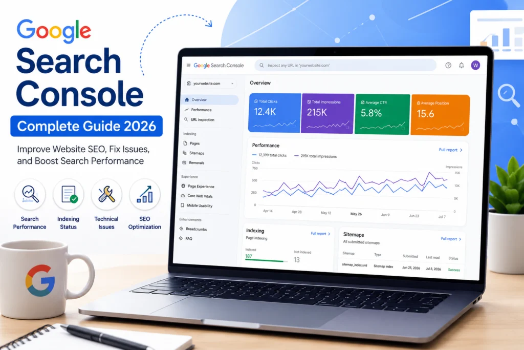 Google Search Console dashboard showing website SEO, indexing, search performance, and analytics