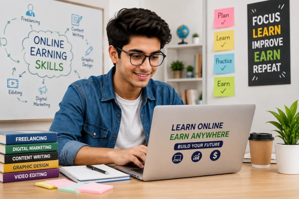 Student learning online earning skills in Pakistan using a laptop including freelancing, content writing, graphic design, web development, digital marketing, and video editing in 2026.